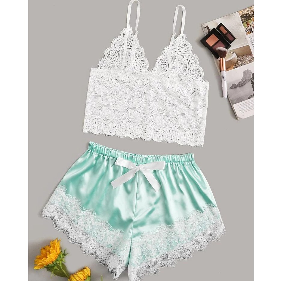 Floral lace bralette with satin shorts