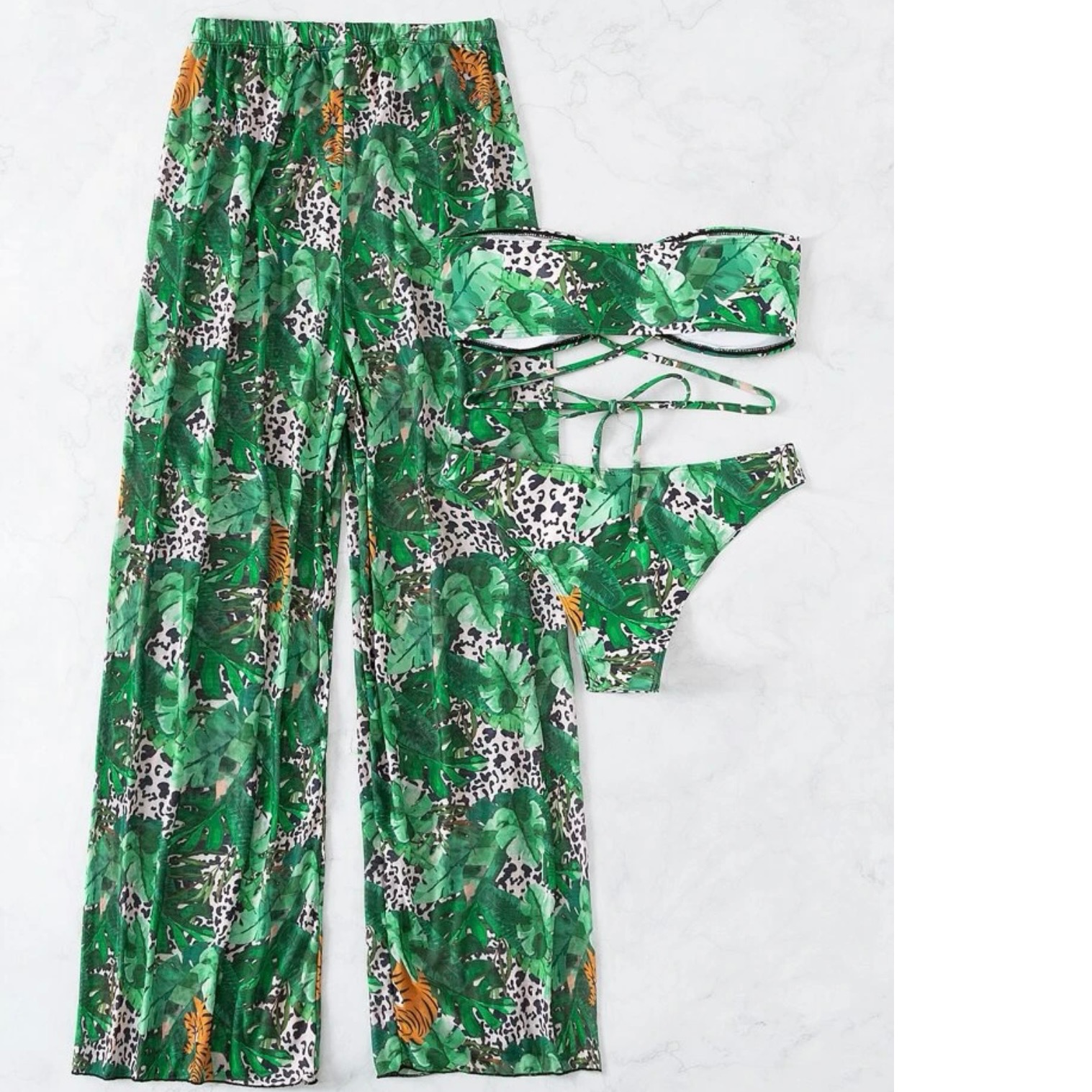 3 pack Tropical Print Bandeau Bikini & Beach Skirt