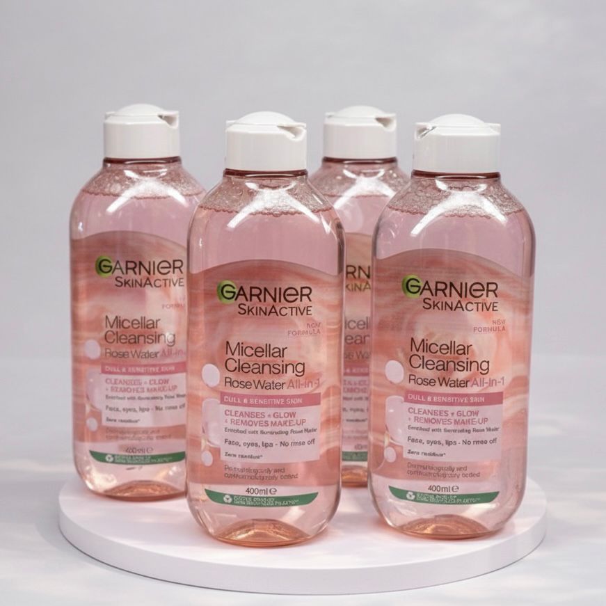 AGUA MICELAR CON AGUA DE ROSAS DE GARNIER.