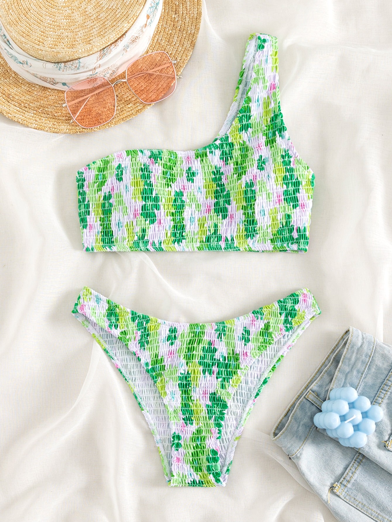 FLORAL SMOCKED ONE SHOULDER BIKINI SWIMSUIT